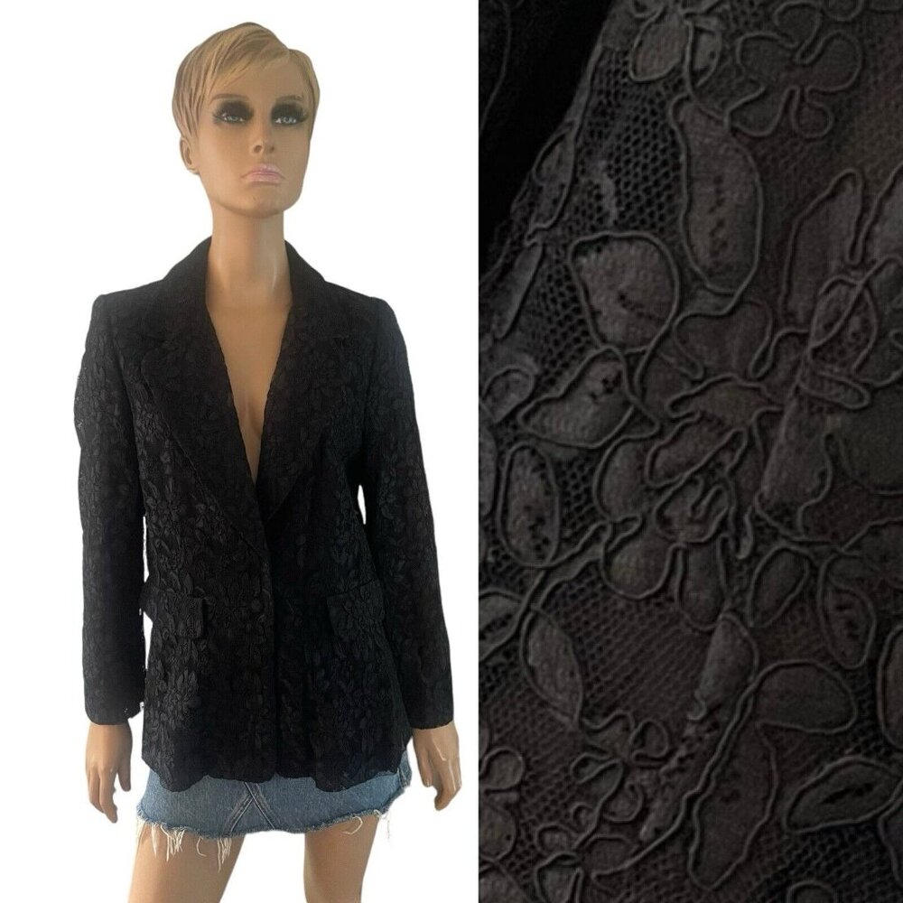 Vintage Zelda Black Lace Faux Pockets Lined Blazer Jacket - Sz 14